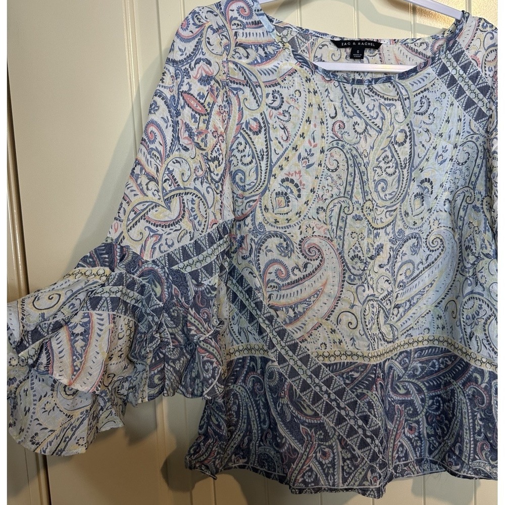 Zac & Rachel Top blouse Sz S flared sleeve Peasant Cottage Coastal lightweight